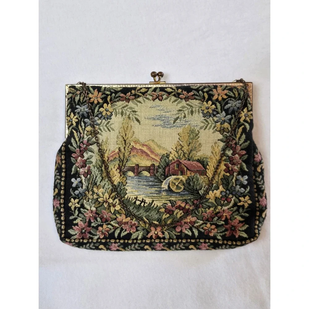Vintage Made in France Tapestry Floral Landscape Kiss Lock Evening Bag Clutch